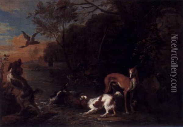 Jagdhunde Und Wildenten Am Ufer Eines Schlosteiches Oil Painting - Adriaen de Gryef