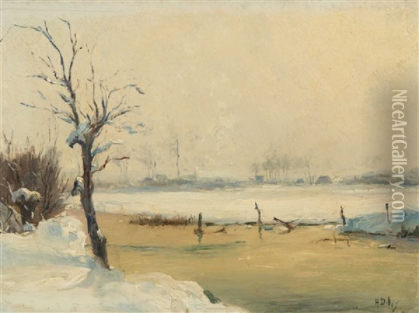 Verschneite Flusslandschaft Oil Painting - Hippolyte Camille Delpy