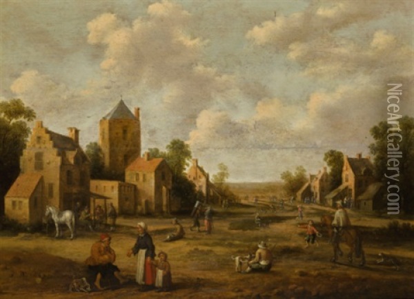 A Village Landscape With Figures And Horsemen Conversing Oil Painting - Joost Cornelisz. Droochsloot