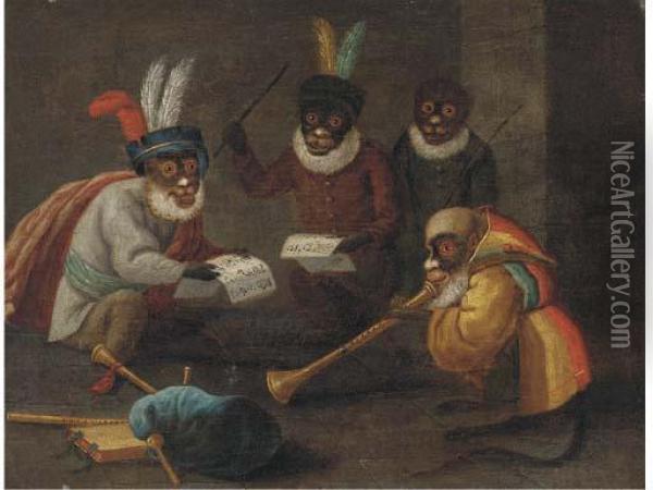 Singeries: Monkeys Dining And Making Music Oil Painting - David The Younger Teniers
