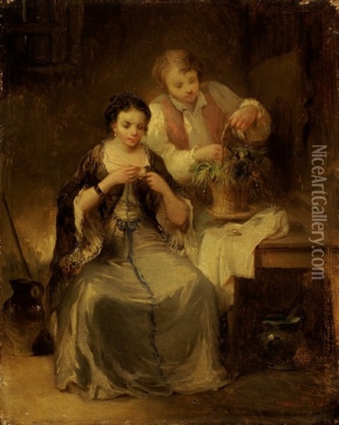 Junges Paar, Vogel Futternd Oil Painting - Francois-Louis Lanfant