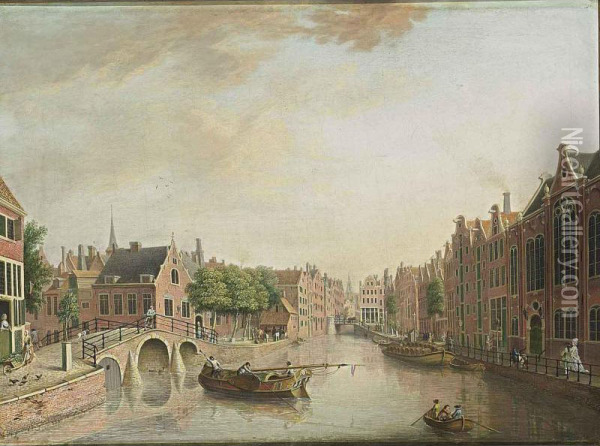 Amsterdam: A View Of The Spui, With On The Left The Nieuwezijds Voorburgwal And The Entrance Of The Begijnhof With The Tower Of The Engelse Kerk, And The Bridge Of The Kalverstraat, The Tower Of The Zuiderkerk In The Background Oil Painting - Johann Jakob Koller