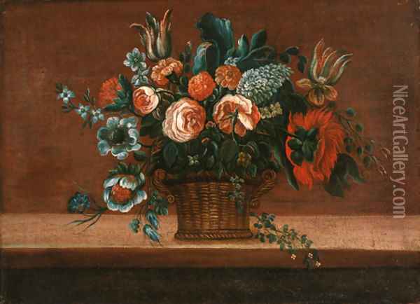 Parrot tulips, roses and carnations in a basket on a stone ledge Oil Painting - Pieter Gaspar Verburggen II