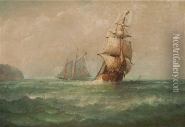 Two Sailing Ships On Moderate Seas Oil Painting - James J. Mcauliffe