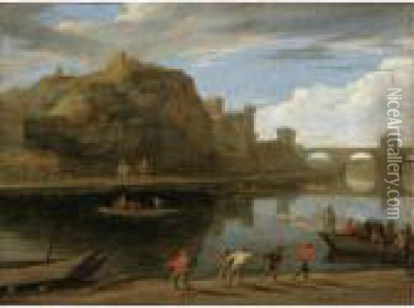 A River Landscape With A Ferry Before A Fortified Castle Oil Painting - Theobald Michau