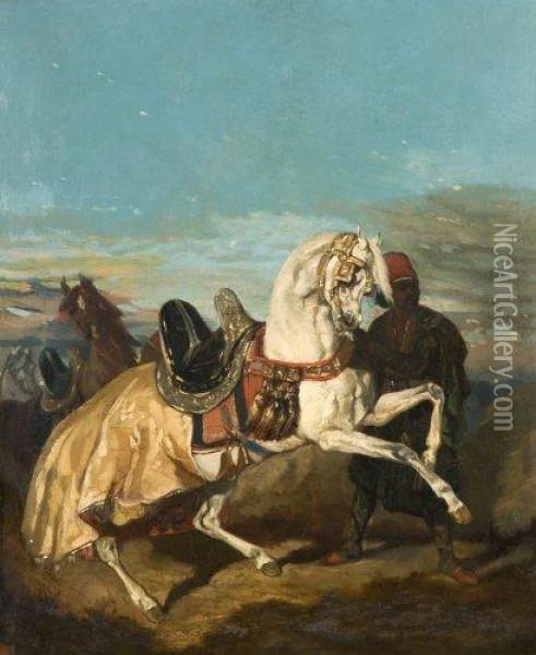 Cheval Gris Tenus Par Un Nubien Oil Painting - Alfred De Dreux