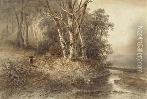 Wooded Landscape At Sorgvliet With A Peasant Near The Bank Of Astream Oil Painting - Josephus Gerardus Hans