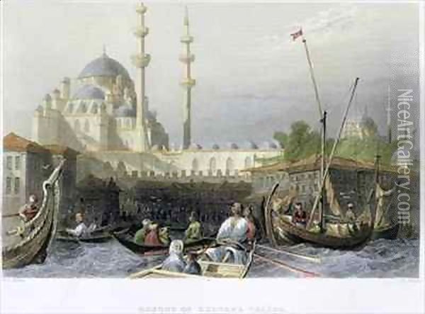 Mosque of Sultana Valide from the Port Oil Painting - William Henry Bartlett