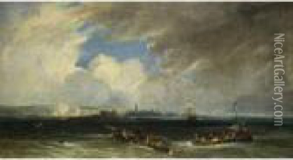 Schiffe An Der Sturmischen Kuste Oil Painting - Charles Euphrasie Kuwasseg