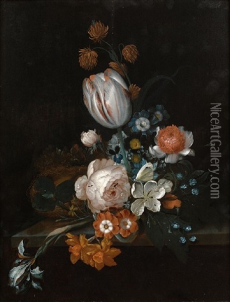 Bouquet De Fleurs Et Nid D'oiseau Sur Un Entablement Oil Painting - Coenraet (Conrad) Roepel