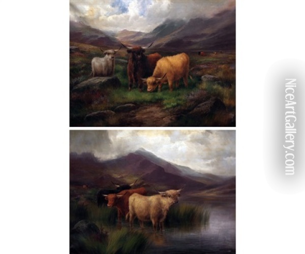 Highland Cattle In A Landscape Oil Painting - John W. Morris