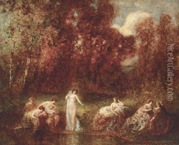 Ladies At A Pond In A Wooded Clearing Oil Painting - Francois Maury
