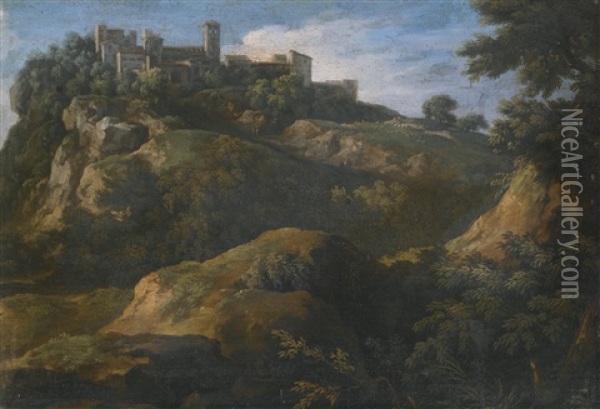 A Rocky Roman Landscape With A Hilltop Town Oil Painting - Gaspard Dughet