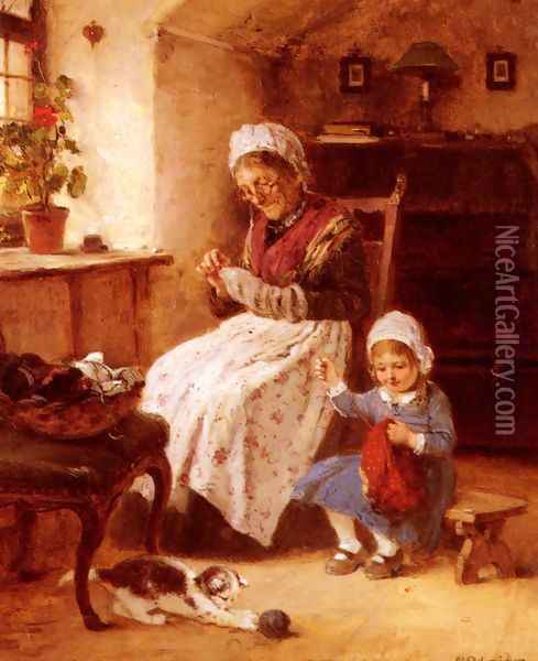 The Sewing Lesson Oil Painting - Hugo Oehmichen