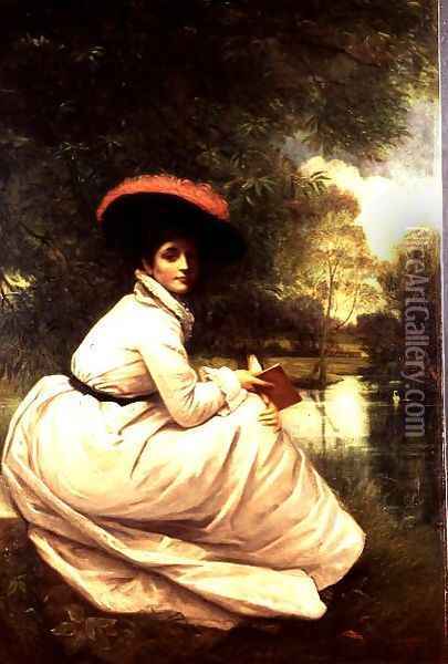 Portrait of a Lady in White Holding a Book by a Lake Oil Painting - George Adolphus Storey