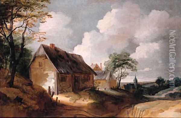 A road leading to a village, with poultry on a farmyard in the foreground Oil Painting - Lodewijk De Vadder