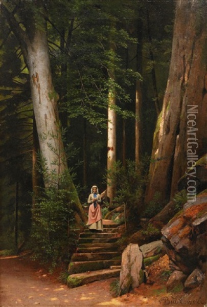 Young Lady In The Forest Oil Painting - Gustav Daniel (Yakovlevich) Budkovski