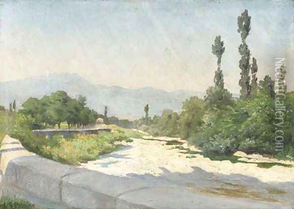 A rocky river bed in a sunlit landscape Oil Painting - Leon Germain Pelouse