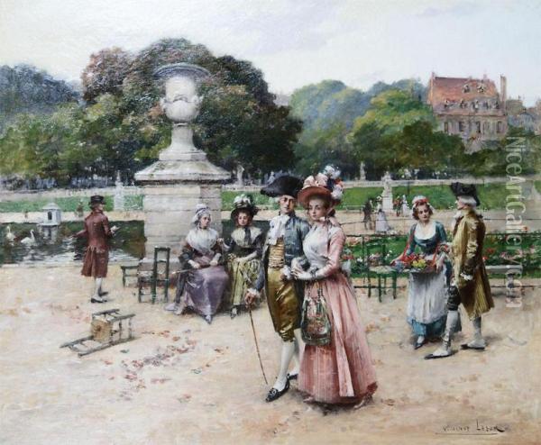 Park Scene With Galant Company Oil Painting - Henri Victor Lesur