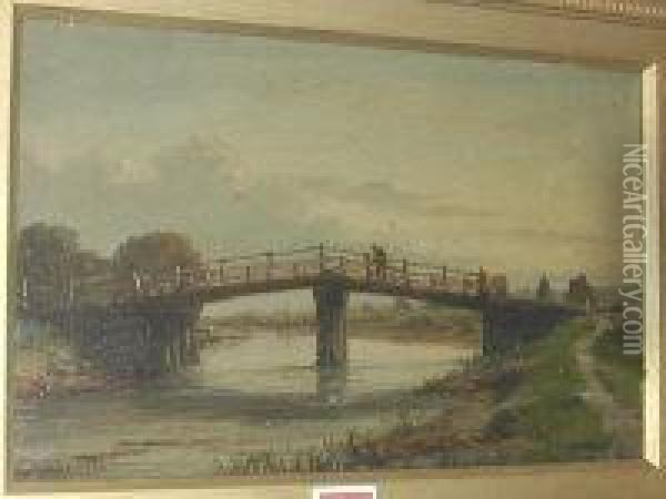 Figure On A Bridge Within A Landscape Oil Painting - Richard Henry Nibbs