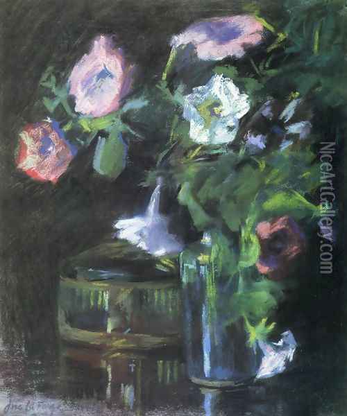 Petunias In A Glass Vase Oil Painting - John La Farge