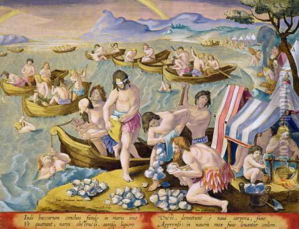 Indians Diving for Large Clams, plate 93 from Venationes Ferarum, Avium, Piscium Of Hunting Wild Beasts, Birds, Fish engraved by Jan Collaert 1566-1628 published by Phillipus Gallaeus of Amsterdam Oil Painting - Giovanni Stradano