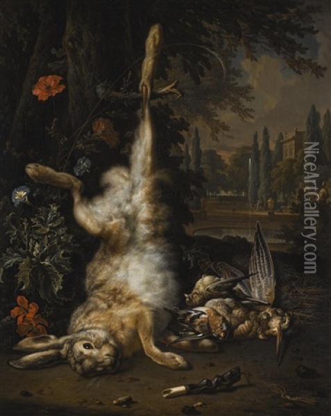 Still Life Of Game With A Hare, Snipe And Other Small Birds, A Park Landscape Beyond Oil Painting - Jan Weenix