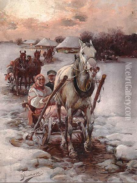 Sleighride In A Winter Landscape Oil Painting - Alfred Wierusz-Kowalski