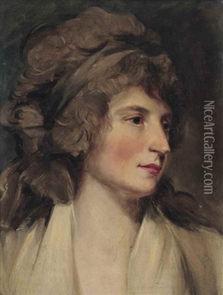 Portrait Of A Lady, Bust-length, In A White Dress Oil Painting - Sir John Hoppner