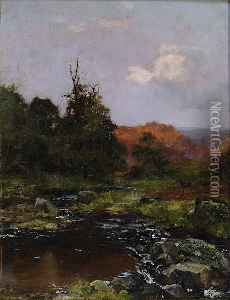 Highland River Landscape With Deer Oil Painting - Henry John Yeend King