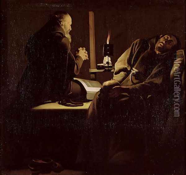 The Ecstasy of St. Francis, A Monk at Prayer with a Dying Monk, 1640-45 Oil Painting - Georges de La Tour