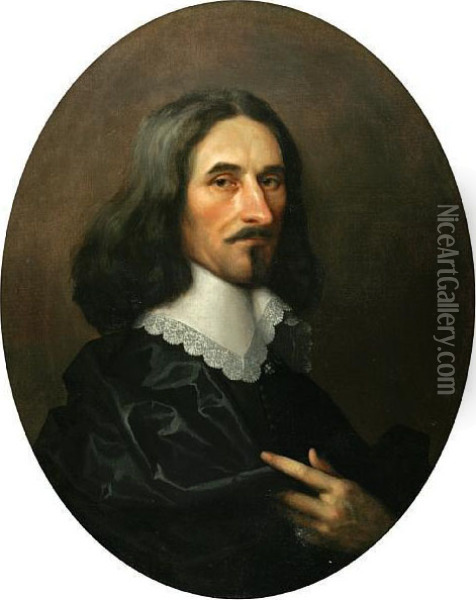 A Portrait Of A Gentleman In A Black Robe Witha Lace Collar Oil Painting - William Dobson