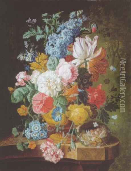 Roses, Lilies, Carnations And Other Flowers In An Urn, A Wasp, Moth, Bee And A Bird's Nest On A Marble Ledge Oil Painting - Johannes Christianus Roedig