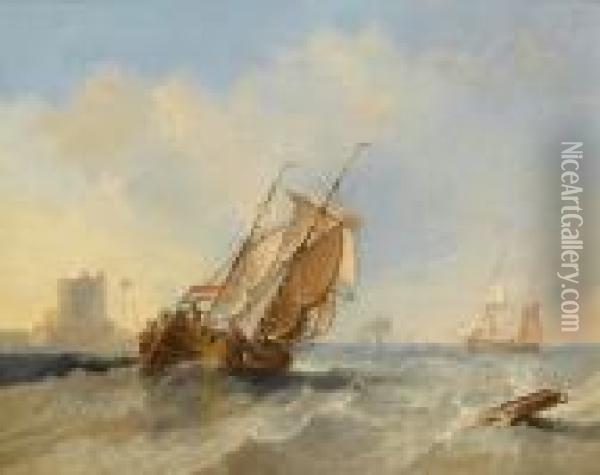 Shipping In A Stiff Breeze Offshore Near Vlissingen Oil Painting - John Wilson Carmichael