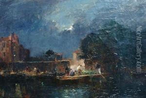 Mooring Boats At Night 'gaston Roullet' (lower Right) Oil Painting - Gaston-Marie-Anatole Roullet