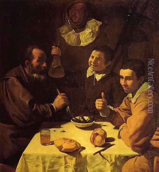 Three Men at a Table (or Luncheon) Oil Painting - Diego Rodriguez de Silva y Velazquez