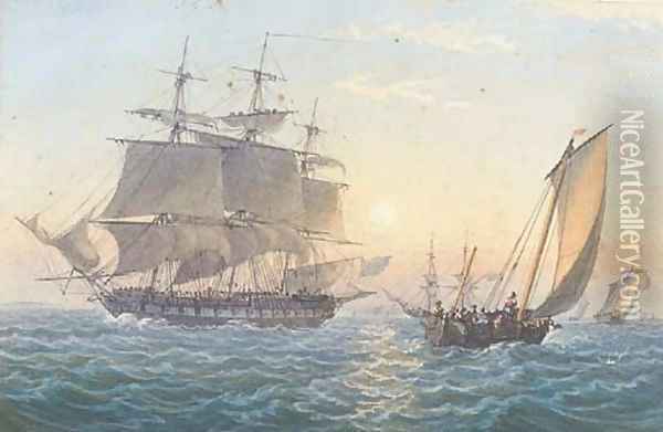 A Royal Naval frigate heaving-to upon her arrival at Spithead Oil Painting - Admiral Sir Thomas Bladen Capel