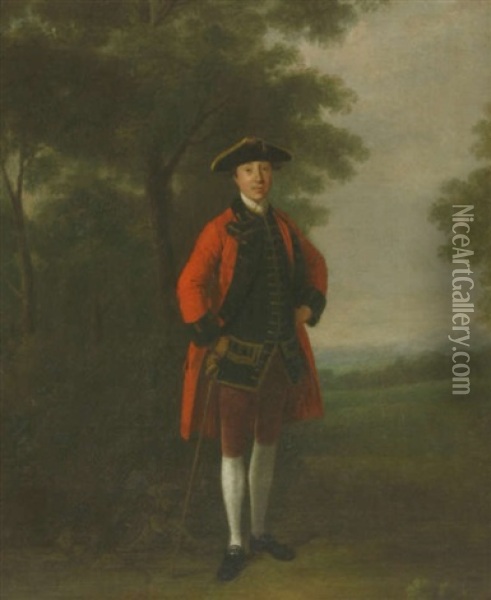 Portrait Of A Young Gentleman, Standing Full Length, In A Red Coat And Tricorn Hat, In A Wooded Landscape Oil Painting - Edward Penny