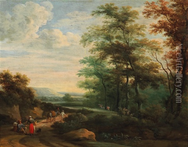 A Forest Landscape With A Resting Couple And Further Figures Oil Painting - Martinus De La Court