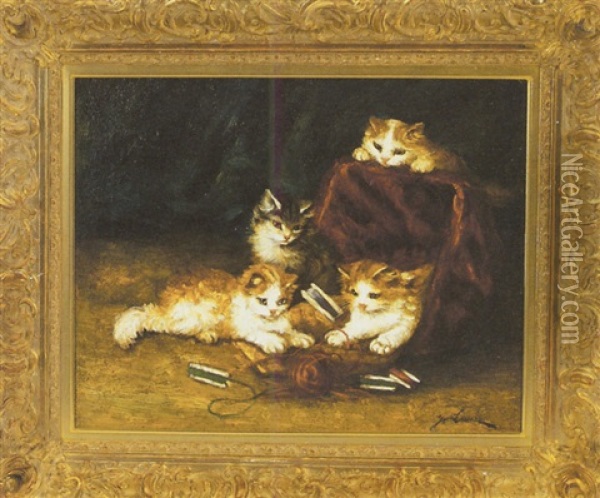 Four Kittens At Play With A Spool Of Wool Oil Painting - Marie Yvonne Laur