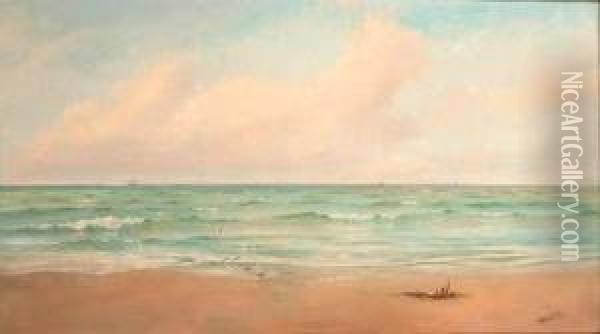 Waves Breaking On A Sandy Beach, Shipping On The Horizon Oil Painting - Horace Hale Stanton