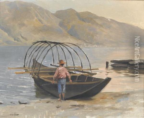 Tessiner Seeuferpartie Mit Fischer In Einem Boot Oil Painting - Jules Gachet