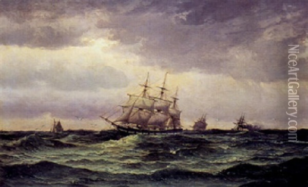 Marine Med Sejlskibe Pa Abent Hav Oil Painting - Edvard Skari