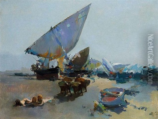 Bueyes Y Barcas En La Playa Oil Painting - Jose Navarro Llorens