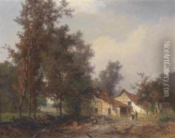 Farmstead With Human And Animal Figures Oil Painting - Josef Willroider