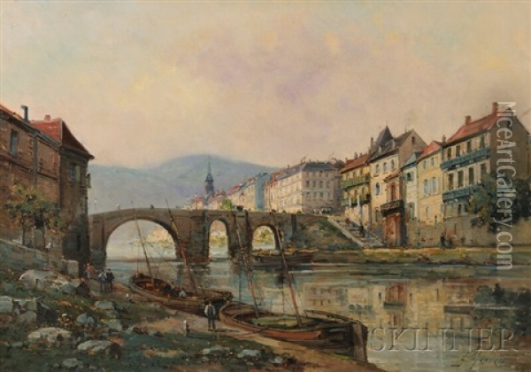 Town Riverfront With An Arched Bridge Oil Painting - Francisco Masriera Manovens