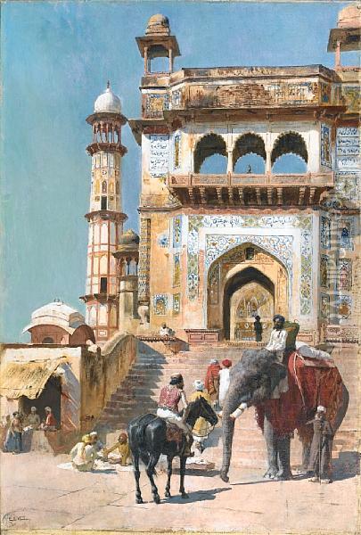 Before The Great Mosque At Mathura Oil Painting - Edwin Lord Weeks