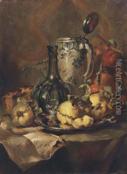 Quince Pears On A Silver Plate With A Glass Bottle And Earthenwaretankard Oil Painting - Maria Vos