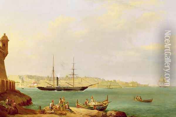H.M.S. Vesuvius leaving Grand Harbour, Valletta, Malta Oil Painting - John or Giovanni Schranz