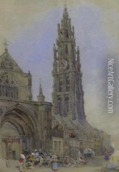 Cathedral From Marche Au Bois, 
Anvers Oil Painting - Richard Parkes Bonington